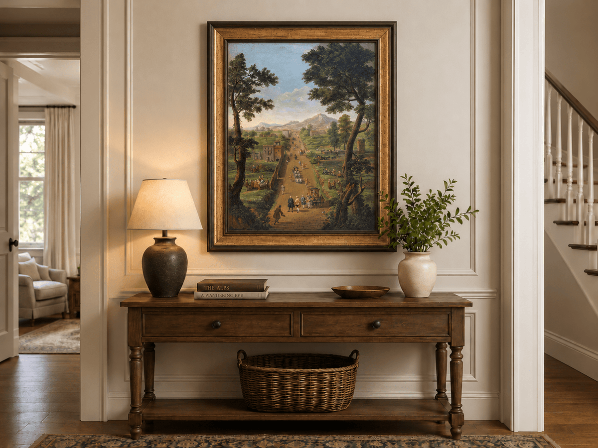 Landscape Oil Painting - Road with Figures, Carriages & Scenery
