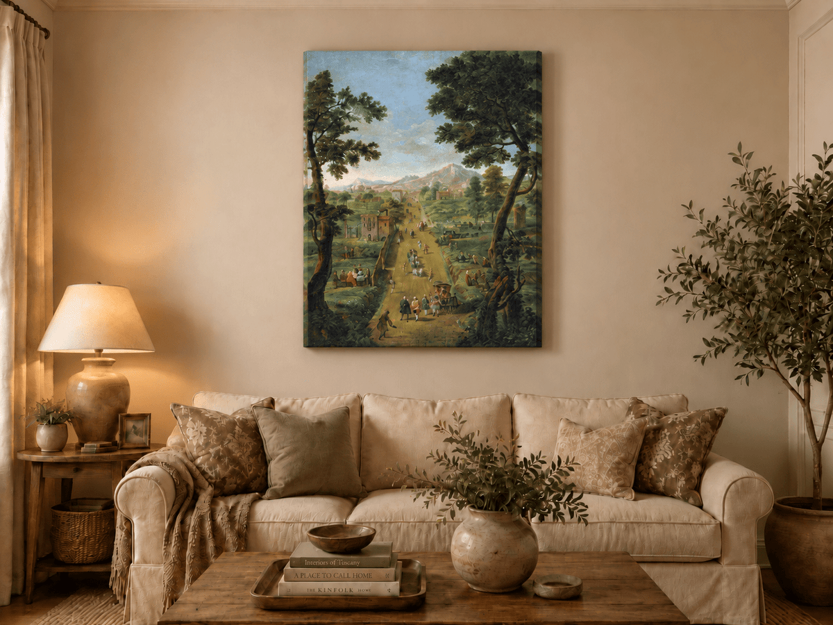 Landscape Oil Painting - Road with Figures, Carriages & Scenery