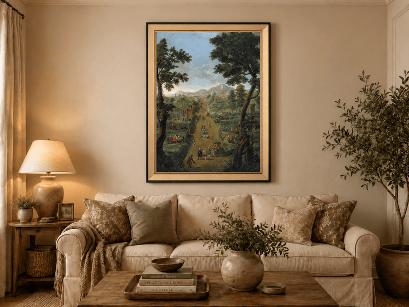 Landscape Oil Painting - Road with Figures, Carriages & Scenery