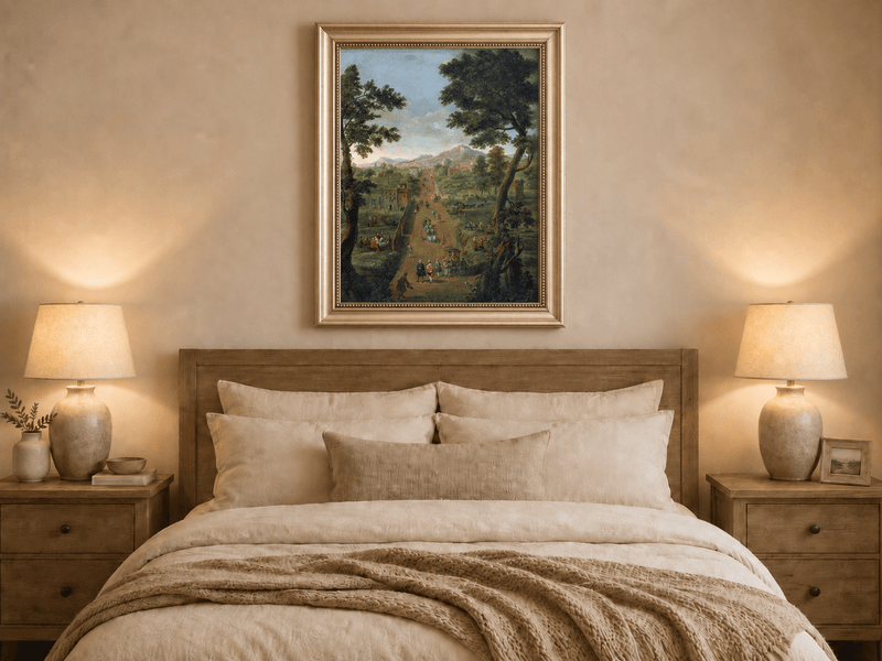 Landscape Oil Painting - Road with Figures, Carriages & Scenery