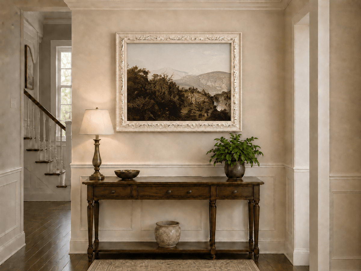 Landscape Oil Painting - Rocky Cliff, Wooded Slopes & Waterfall