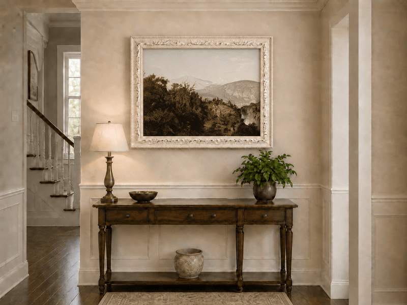 Landscape Oil Painting - Rocky Cliff, Wooded Slopes & Waterfall