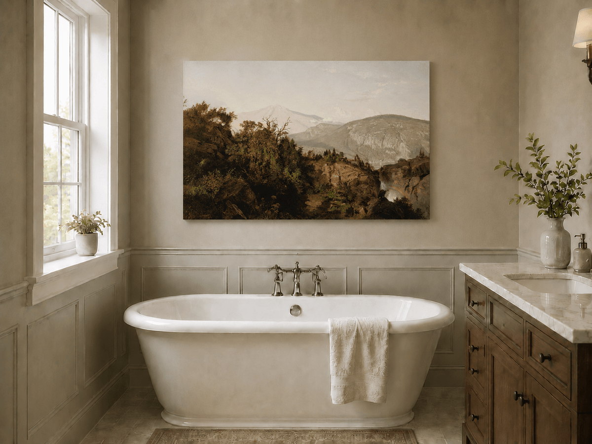 Landscape Oil Painting - Rocky Cliff, Wooded Slopes & Waterfall