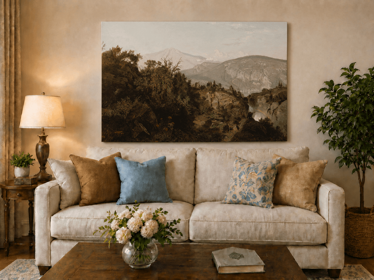 Landscape Oil Painting - Rocky Cliff, Wooded Slopes & Waterfall