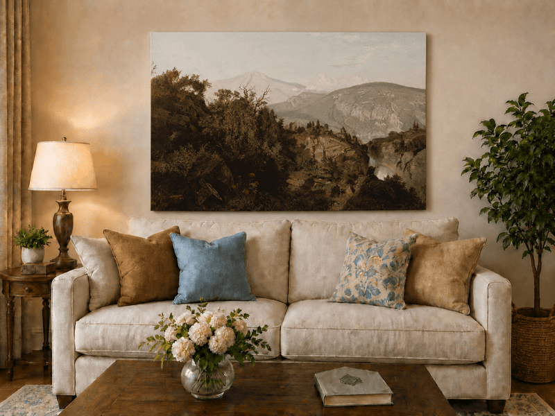 Landscape Oil Painting - Rocky Cliff, Wooded Slopes & Waterfall