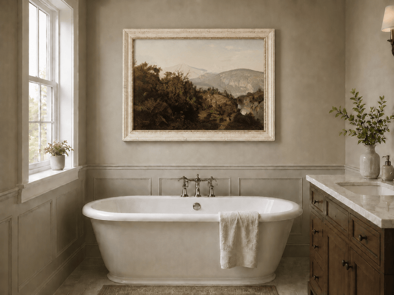 Landscape Oil Painting - Rocky Cliff, Wooded Slopes & Waterfall