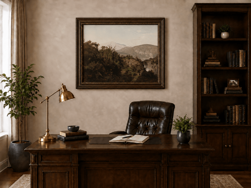 Landscape Oil Painting - Rocky Cliff, Wooded Slopes & Waterfall