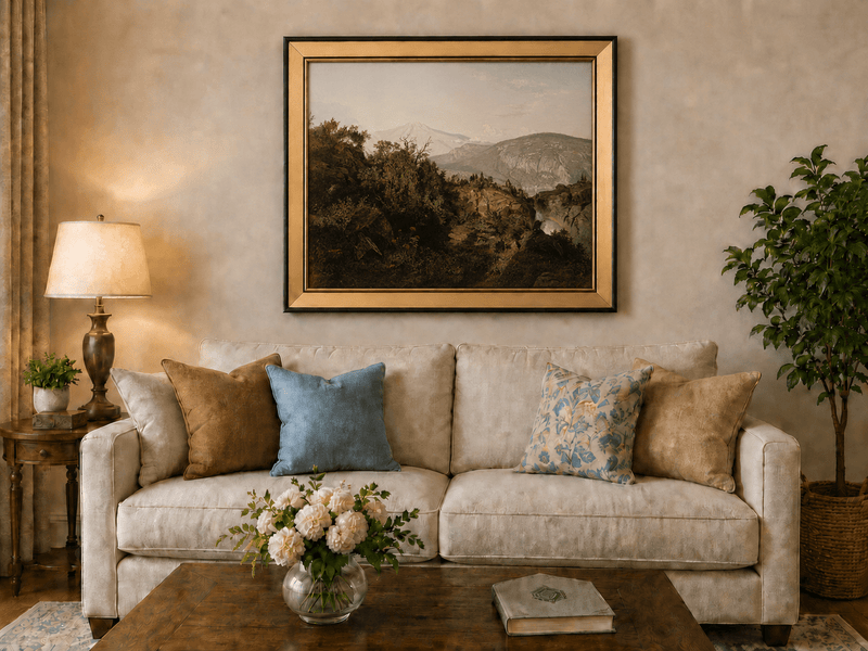 Landscape Oil Painting - Rocky Cliff, Wooded Slopes & Waterfall