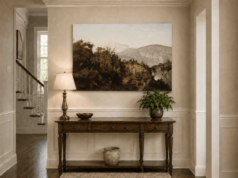 Landscape Oil Painting - Rocky Cliff, Wooded Slopes & Waterfall
