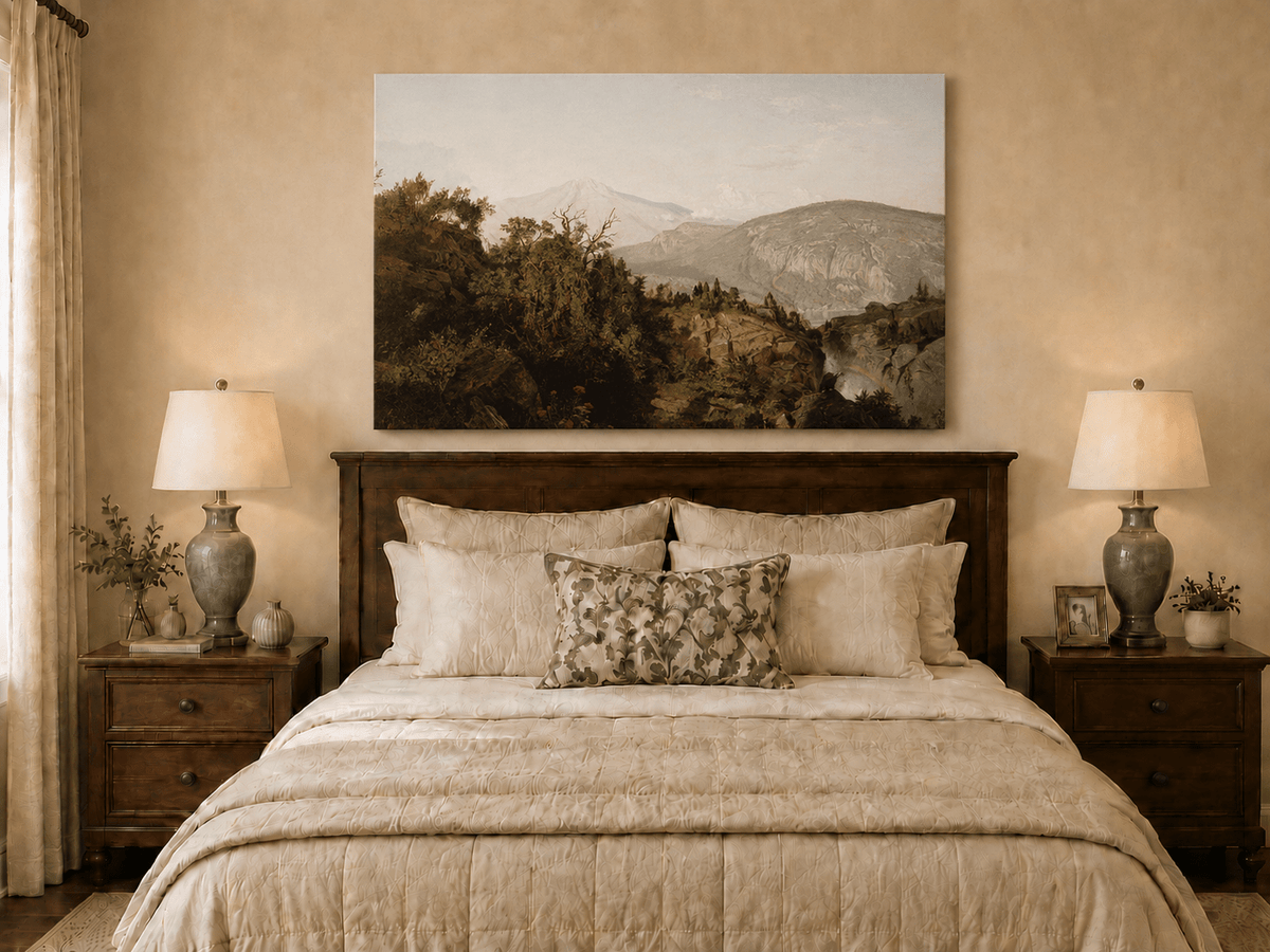 Landscape Oil Painting - Rocky Cliff, Wooded Slopes & Waterfall