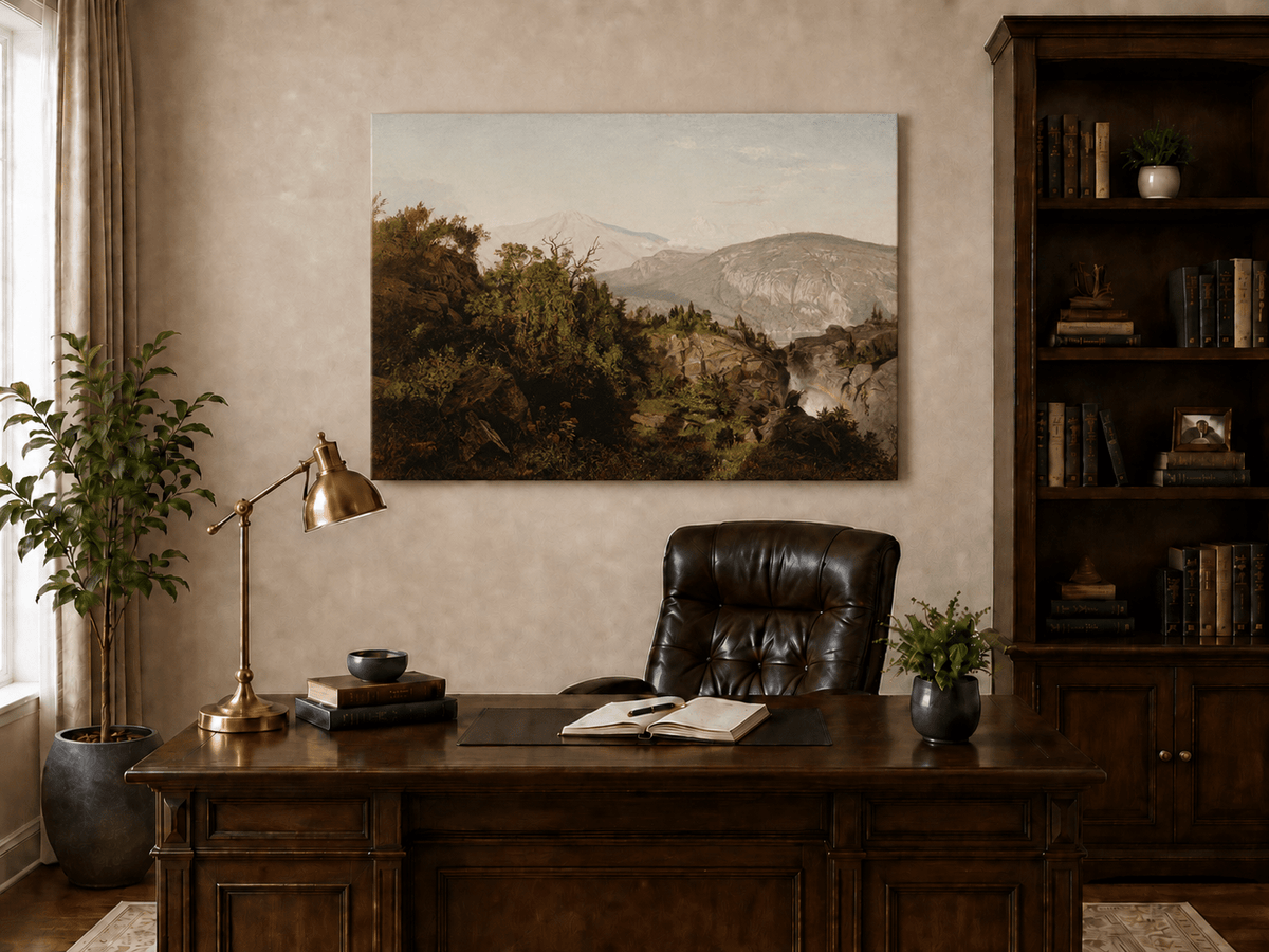 Landscape Oil Painting - Rocky Cliff, Wooded Slopes & Waterfall