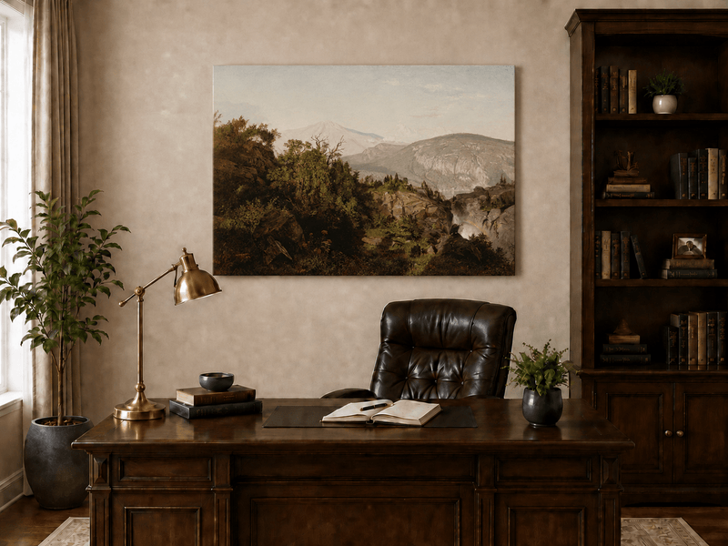 Landscape Oil Painting - Rocky Cliff, Wooded Slopes & Waterfall