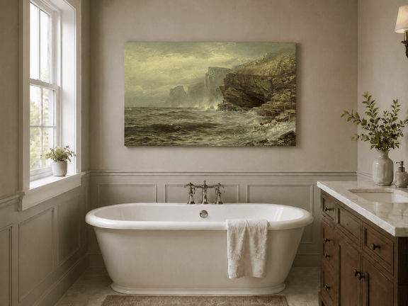 Unframed hand-painted rocky seaside oil painting with churning waves and misty cliffs displayed above a freestanding bathtub.