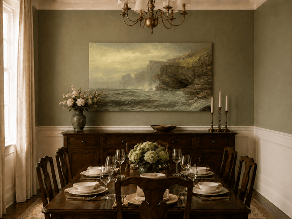 Unframed hand-painted rocky seaside oil painting with churning waves and misty cliffs displayed above a formal dining table.