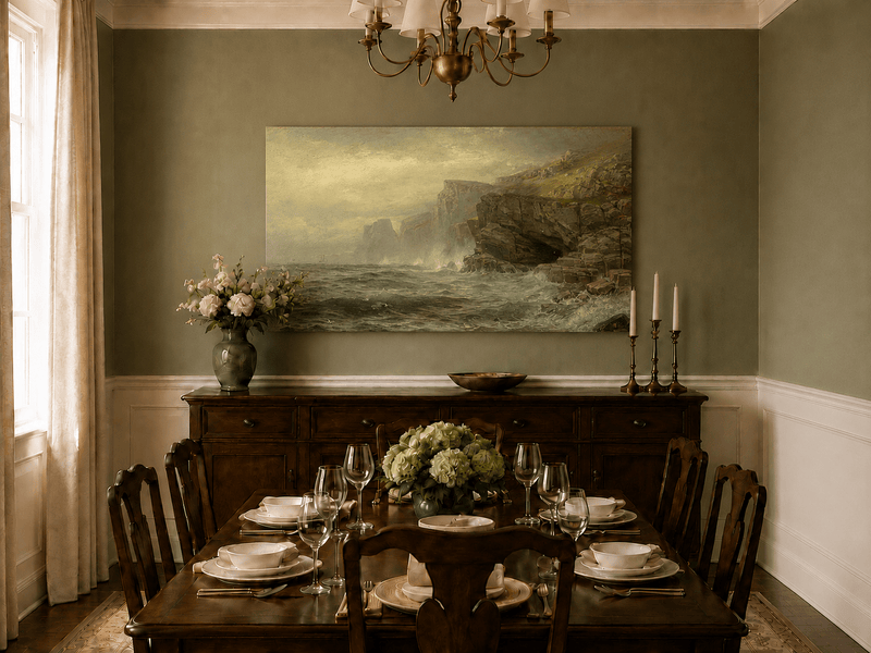 Unframed hand-painted rocky seaside oil painting with churning waves and misty cliffs displayed above a formal dining table.