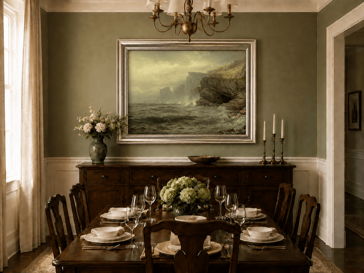 Framed hand-painted rocky seaside oil painting with churning waves and misty cliffs displayed above a formal dining table.