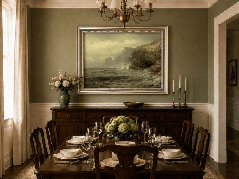 Framed hand-painted rocky seaside oil painting with churning waves and misty cliffs displayed above a formal dining table.