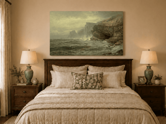 Unframed hand-painted rocky seaside oil painting with churning waves and misty cliffs displayed above a wooden bed in a neutral bedroom.