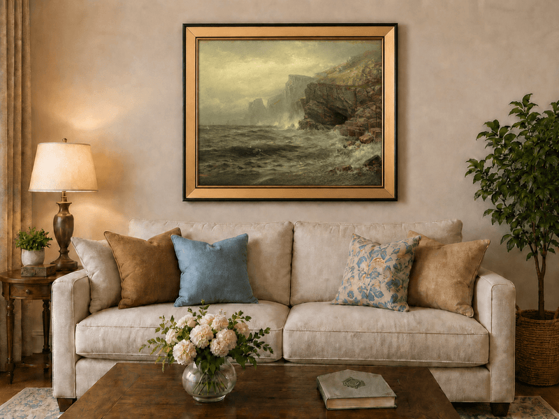 Framed hand-painted rocky seaside oil painting with churning waves and misty cliffs displayed above a neutral living room sofa.