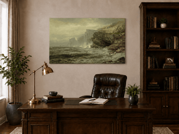 Unframed hand-painted rocky seaside oil painting with churning waves and misty cliffs displayed above a traditional home office desk.