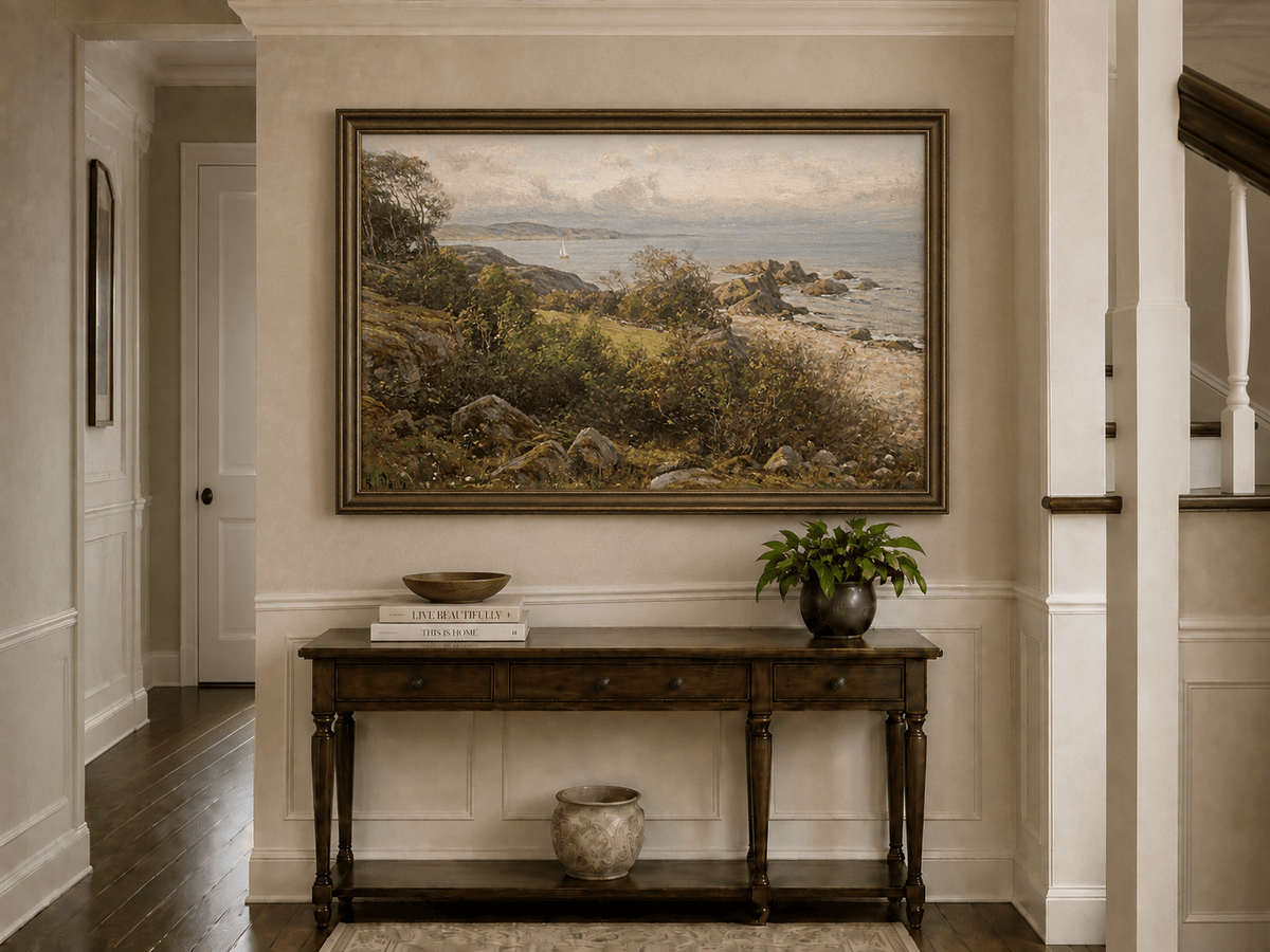 Landscape Oil Painting - Rocky Coastal Hillside Sailboat