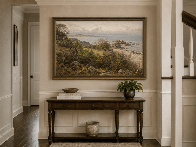 Landscape Oil Painting - Rocky Coastal Hillside Sailboat
