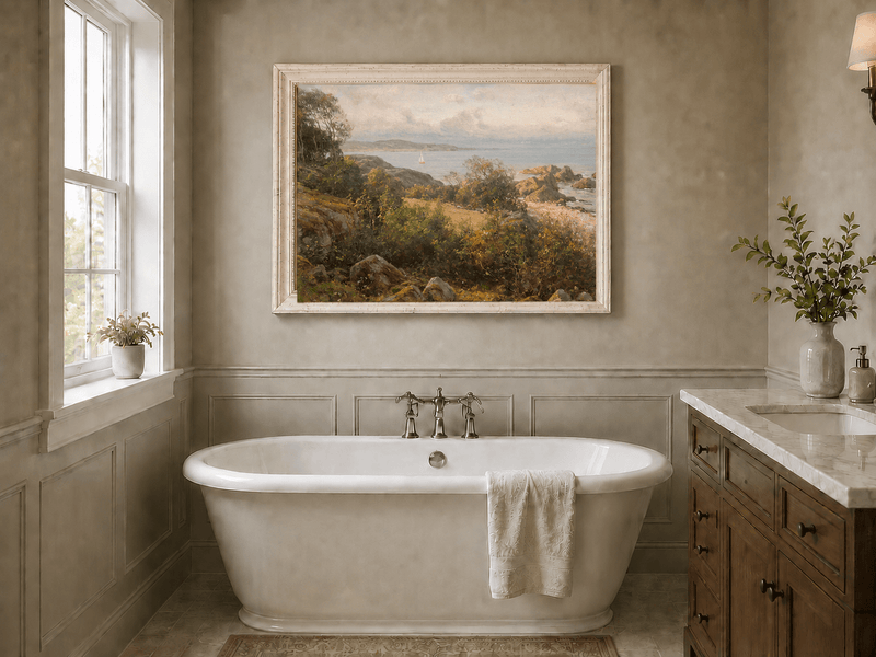 Landscape Oil Painting - Rocky Coastal Hillside Sailboat