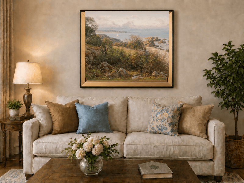Landscape Oil Painting - Rocky Coastal Hillside Sailboat