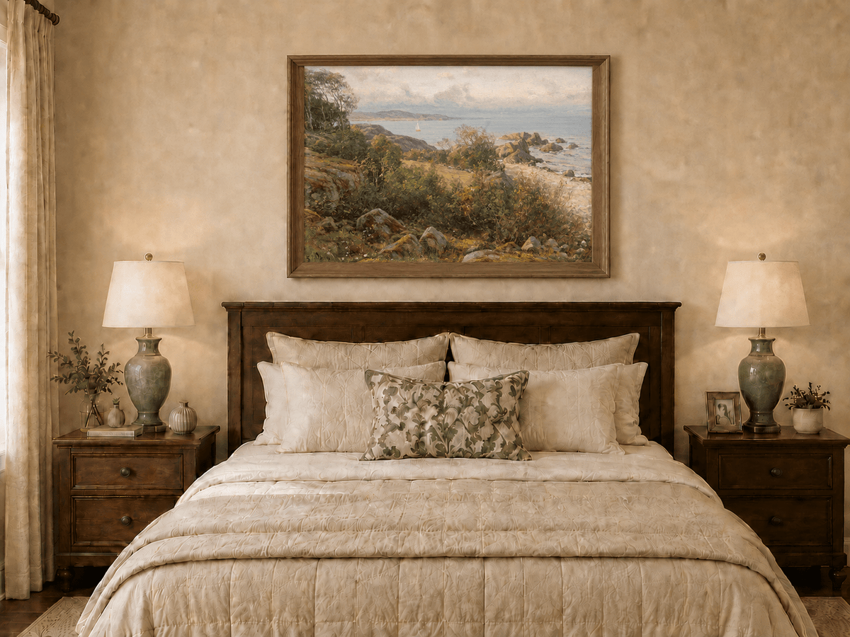Landscape Oil Painting - Rocky Coastal Hillside Sailboat
