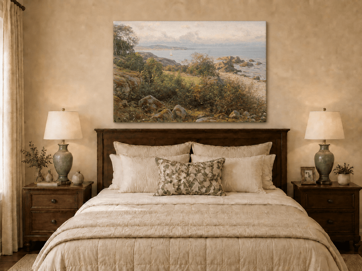 Landscape Oil Painting - Rocky Coastal Hillside Sailboat