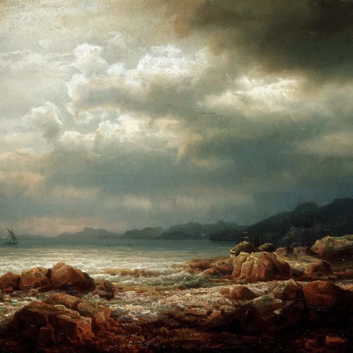 Landscape Oil Painting - Rocky Coastal Scene with Ships and Stormy Sky - Oil Painting Haven