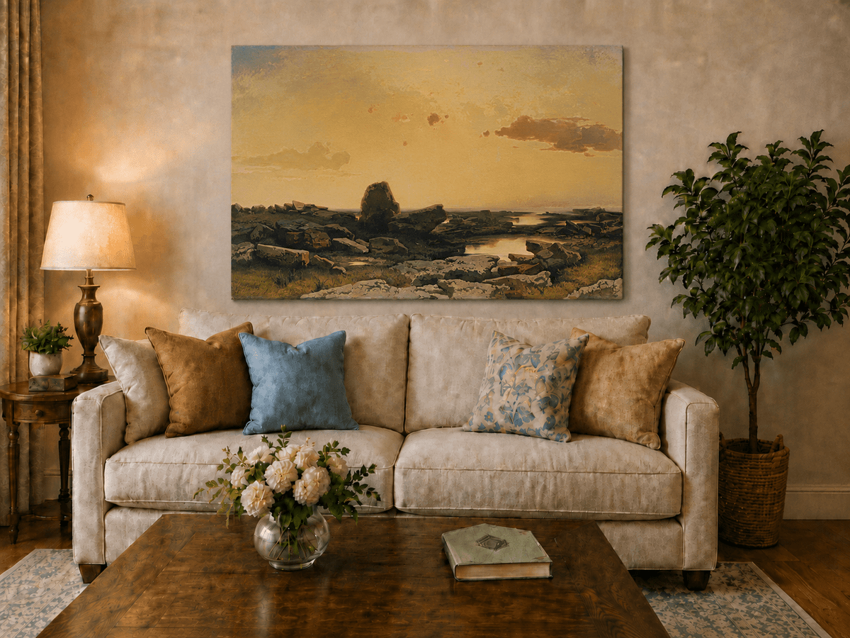 Pintura al óleo de paisaje: costa rocosa al atardecer dorado