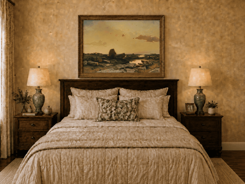 Pintura al óleo de paisaje: costa rocosa al atardecer dorado