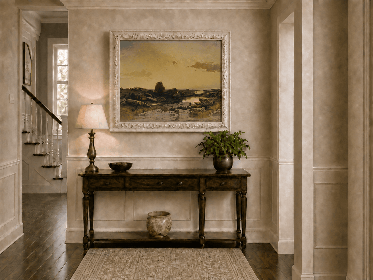 Pintura al óleo de paisaje: costa rocosa al atardecer dorado