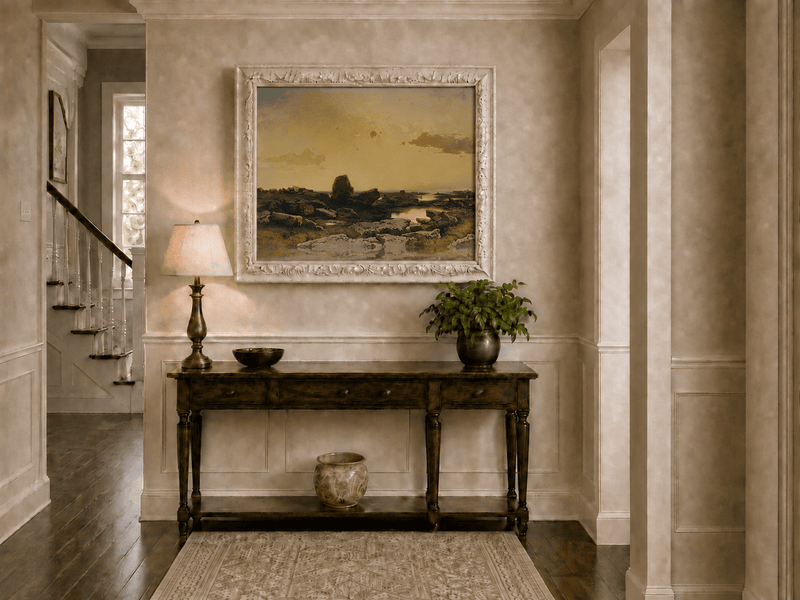 Pintura al óleo de paisaje: costa rocosa al atardecer dorado