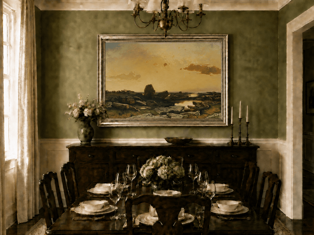 Pintura al óleo de paisaje: costa rocosa al atardecer dorado