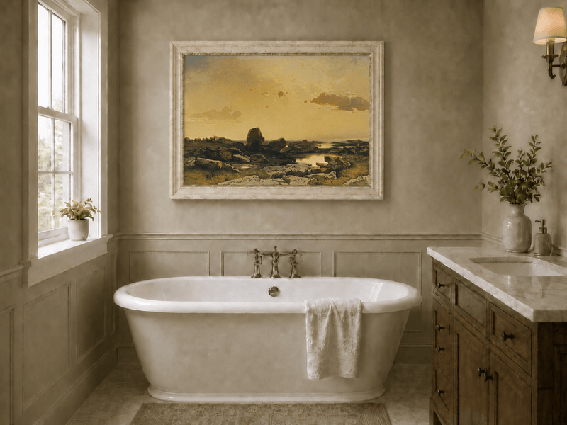 Pintura al óleo de paisaje: costa rocosa al atardecer dorado