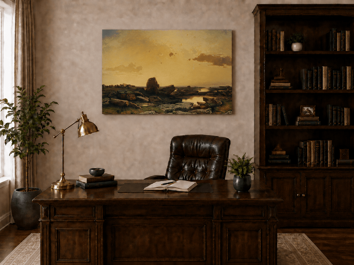 Pintura al óleo de paisaje: costa rocosa al atardecer dorado
