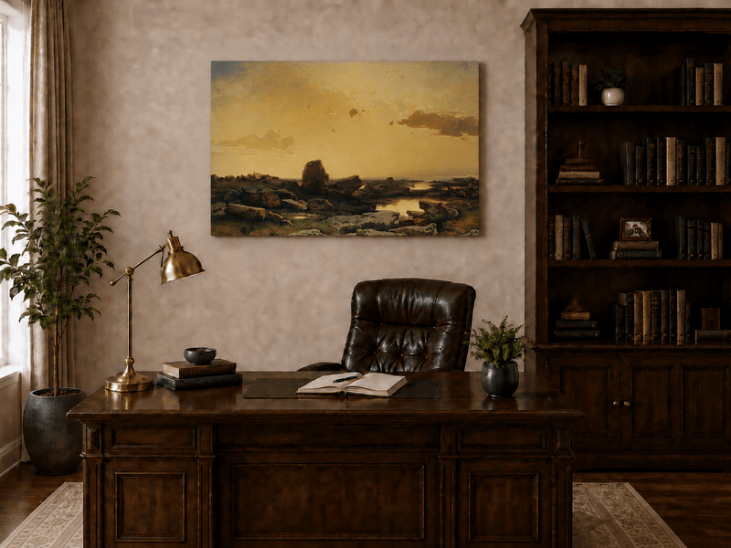 Pintura al óleo de paisaje: costa rocosa al atardecer dorado