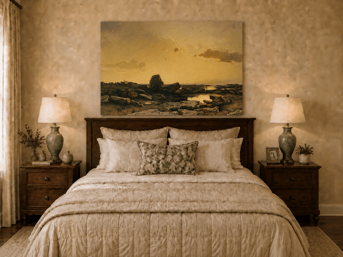 Pintura al óleo de paisaje: costa rocosa al atardecer dorado