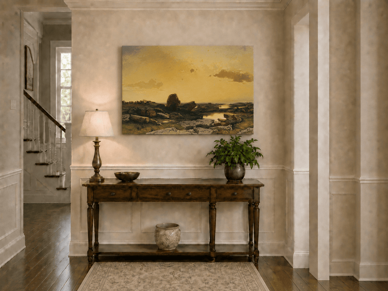Pintura al óleo de paisaje: costa rocosa al atardecer dorado