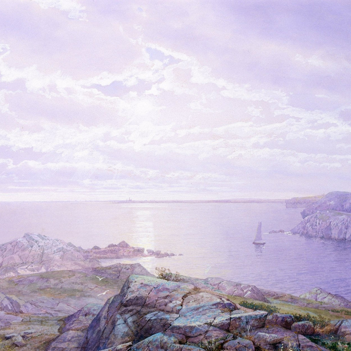 Landscape Oil Painting - Rocky Coastal Shore, Calm Sea & Sailboats - Oil Painting Haven