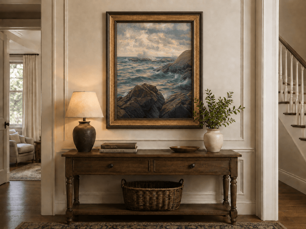 Landscape Oil Painting - Rocky Coastline, Rolling Waves, Clouded