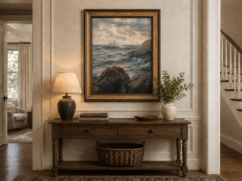 Landscape Oil Painting - Rocky Coastline, Rolling Waves, Clouded