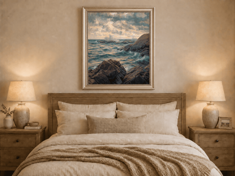 Landscape Oil Painting - Rocky Coastline, Rolling Waves, Clouded