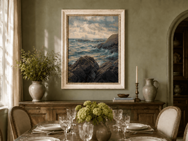 Landscape Oil Painting - Rocky Coastline, Rolling Waves, Clouded