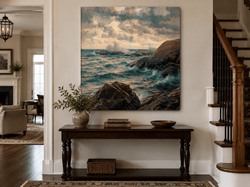 Landscape Oil Painting - Rocky Coastline, Rolling Waves, Clouded