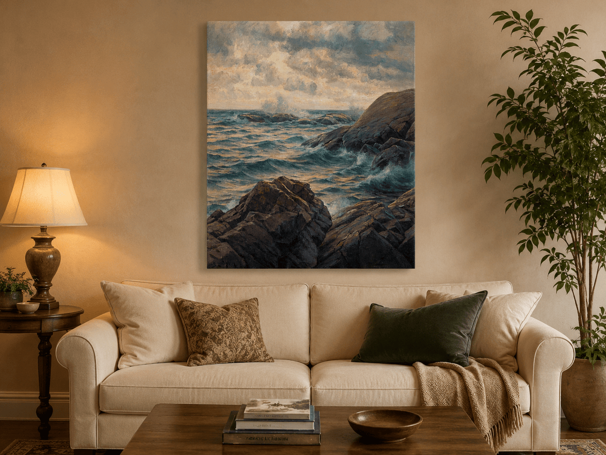 Landscape Oil Painting - Rocky Coastline, Rolling Waves, Clouded