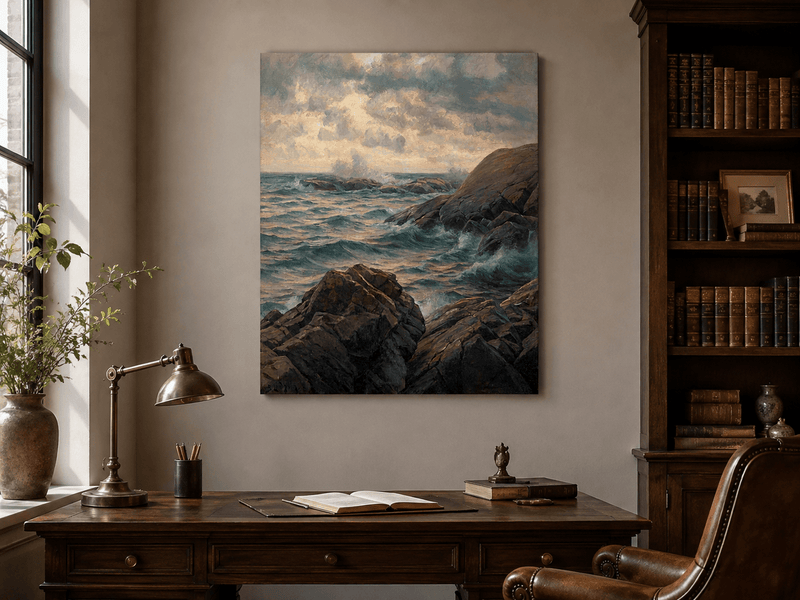 Landscape Oil Painting - Rocky Coastline, Rolling Waves, Clouded