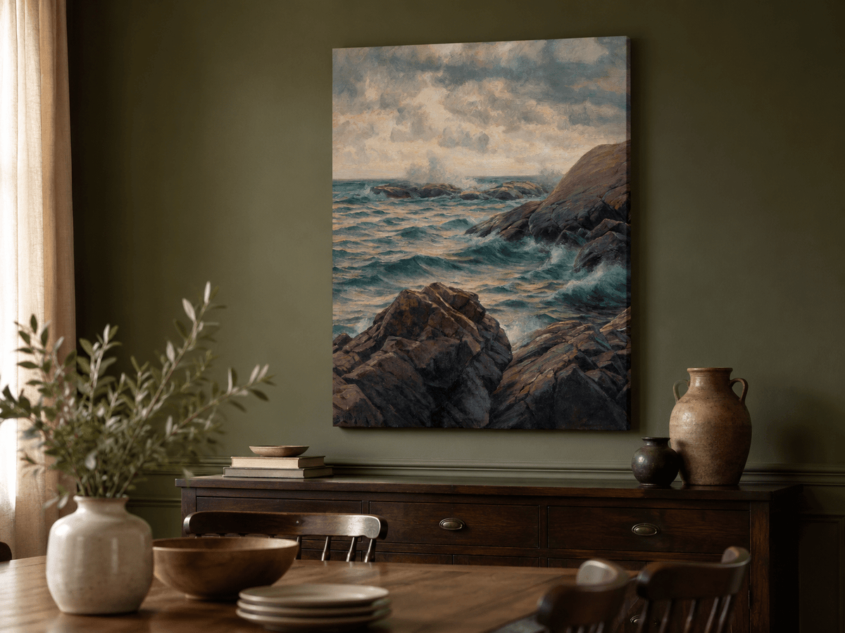 Landscape Oil Painting - Rocky Coastline, Rolling Waves, Clouded